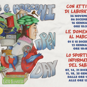 Attività di laboratorio: 26 novembre, 06 dicembre, 16 gennaio ore 15:30 Le domeniche al Marconi: 01 e 15 dicembre, 12 gennaio ore 10:00 Lo Sportello informativo del sabato 07, 14, 21 dicembre 11, 18, 25 gennaio dalle ore 12:00 alle ore 13:00